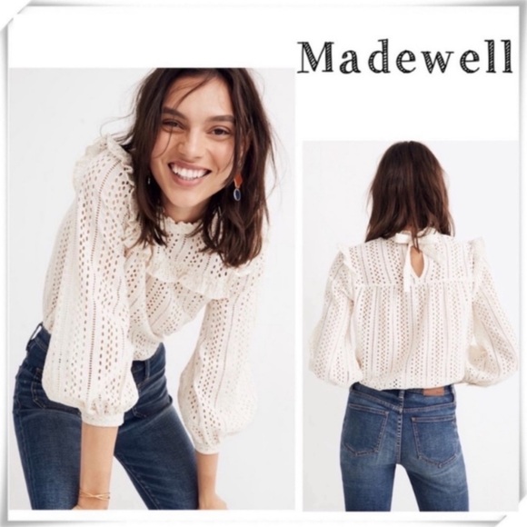 MADEWELL Eyelet Mockneck Ruffle Flowy Top Blouses In Cream Size XS Style#J9660 - Picture 1 of 8